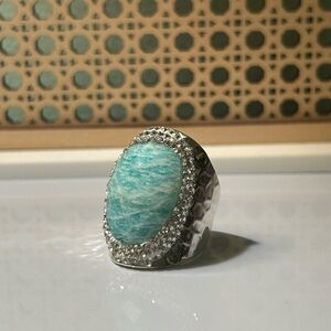 Lavender Blue Silver Statement Ring with Turquoise Blue Stone and Crystal Halo